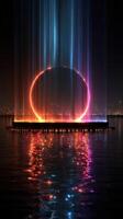 Captivating light display over water at nighttime in a vibrant city landscape photo