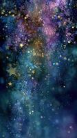 Starlit night sky with shimmering stars and colorful cosmic dust above a tranquil blue background photo