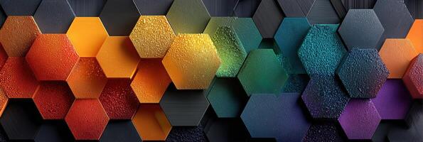 Colorful hexagonal patterns create a vibrant abstract design showcasing texture and depth in modern art presentation photo