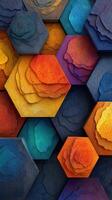 Colorful hexagonal patterns create an abstract representation of layers in textured art installation photo