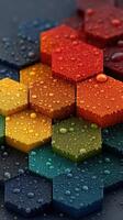 Colorful hexagonal tiles with water droplets in vibrant hues arranged in a pattern on a surface photo