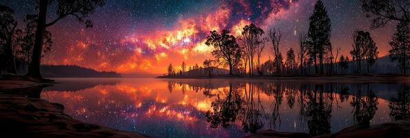 Starry night over a tranquil lake reflecting a vibrant Milky Way in a serene landscape photo