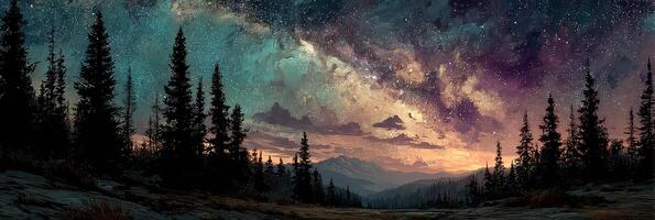 Vibrant night sky filled with stars over a mountain range and pine forest at twilight photo