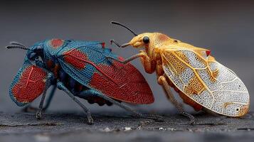 Colorful insects interacting in a vibrant natural environment during daylight hours photo