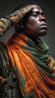 Soldier in vibrant orange and green attire salutes while embodying determination and strength in a dramatic portrait photo