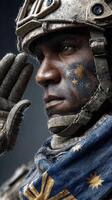 Soldier saluting with snow-covered attire in a winter landscape displaying national pride and resilience photo