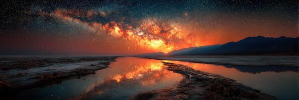 Vibrant Milky Way over tranquil water reflecting colorful sunset in a desert landscape photo
