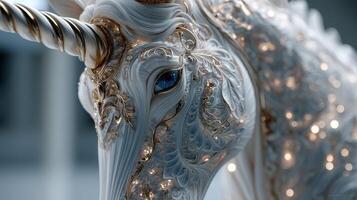Exquisite unicorn sculpture embellished with intricate designs and glowing details in a contemporary art exhibition setting photo