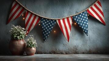 Decorative bunting with red, white, and blue colors displayed against a rustic wall with potted plants and soft lighting photo