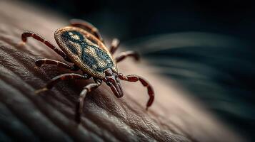Close-up view of a tick crawling on human skin in a natural environment on a sunny day photo