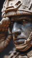 Soldier saluting with determination, showcasing grit and resilience amidst challenging conditions photo