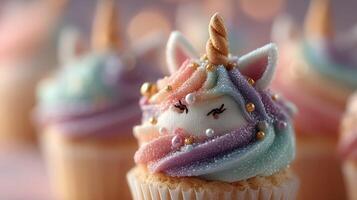 Colorful unicorn cupcakes decorated with soft icing and edible pearls create a magical dessert display photo