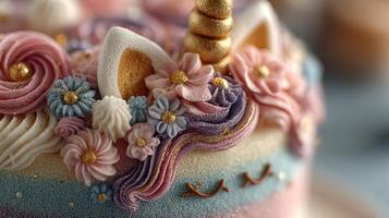 Colorful unicorn cake decorated with flowers and swirls captured in a bakery setting during daytime photo