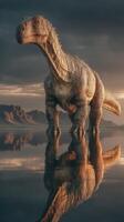 Dinosaur standing majestically in a tranquil lake under a dramatic sky at sunset photo