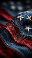 Close-up view of a waving American flag showcasing its vibrant colors and detailed stitching during a sunny afternoon photo