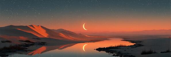 Sunset over a serene desert landscape with a crescent moon shining brightly photo