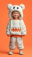 Cute child wearing a fluffy monster costume poses against a vibrant orange background during a playful indoor photo session
