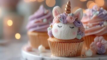 Delightful unicorn cupcakes adorned with intricate decorations on a festive dessert table photo