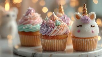 Colorful unicorn cupcakes displayed on a marble stand with festive bokeh lights in the background during an afternoon gathering photo