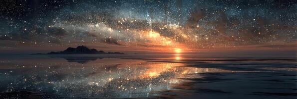 Stunning view of the starry sky reflecting over a calm body of water during sunset at a remote location photo