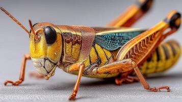 Colorful grasshopper on a surface showcasing intricate detail and vibrant patterns during daytime observation photo