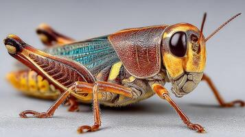 Detailed close-up of a grasshopper showcasing vibrant colors and intricate features in natural light photo