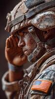 Soldier in uniform salutes with honor during a ceremonial event in a military setting photo
