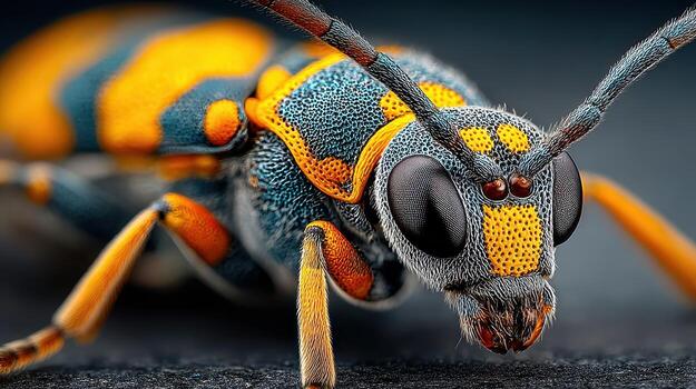 Colorful insect with vibrant orange and blue patterns resting on a surface in close-up view photo
