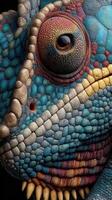 Vibrant close-up of a chameleon's textured skin and eye in colorful detail captured in a studio setting photo
