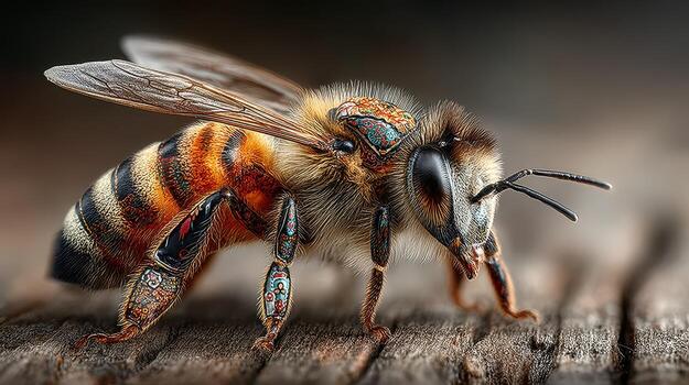 Close-up of a honey bee perched on wood with intricate detailing and vivid colors in late afternoon light photo
