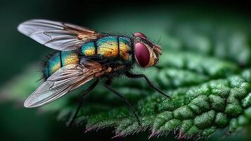 Close-up of a vibrant fly resting on a green leaf in a natural setting during the day photo