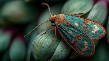 Vibrant green moth perched on plant bud during early morning light showcasing intricate wing patterns and natural beauty photo