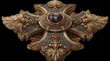 Intricately designed golden cross with a large gemstone centerpiece on a black background showcasing fine craftsmanship and detail photo