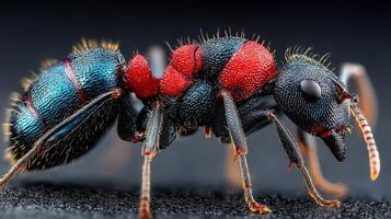 Close-up of a brightly colored ant showcasing intricate details of its anatomy and textures in a natural habitat environment photo