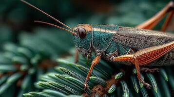 Close-up of a colorful cricket perched on pine needles in a natural setting during daylight hours showing vibrant details and textures photo