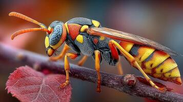 Vibrant close-up of a colorful insect perched on a twig in a natural setting during daylight photo