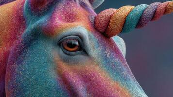 Colorful unicorn close-up showcases vibrant mane and sparkling horn against a soft gradient background photo