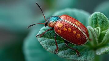 Colorful beetle resting on green leaf in a natural habitat, showcasing intricate patterns and vibrant colors photo