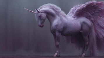 Majestic winged unicorn standing gracefully in a mystical, softly-lit environment during twilight photo