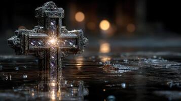 Ancient cross resting on reflective surface surrounded by soft glowing lights in a dimly lit environment photo