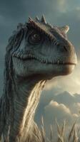 Dinosaur head close-up captures the majesty of a prehistoric creature in a dramatic landscape at sunset photo