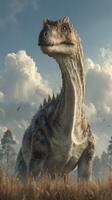 Massive dinosaur standing majestically in a lush prehistoric landscape under a bright blue sky with fluffy clouds photo