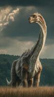 Dinosaur standing tall in a misty valley against dark clouds at twilight photo