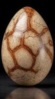 Unique textured egg displayed on dark background highlighting its intricate patterns and colors photo