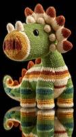 Colorful knitted dinosaur toy displaying unique design features with a shiny surface reflecting light photo