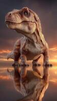 Dinosaur standing in a serene landscape at sunset with reflections in still water creating a dramatic atmosphere photo