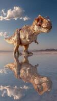 Dinosaur sculpture standing in shallow water during sunset reflects the sky and landscape photo