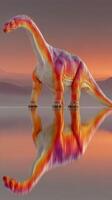 Colorful dinosaur reflects in water during sunset at a serene landscape with mountains in the background photo