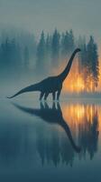Silhouetted dinosaur stands in misty lake at dawn with trees reflecting sunlight photo