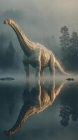 Majestic dinosaur stands beside a misty lake in an ancient forest during early morning light photo